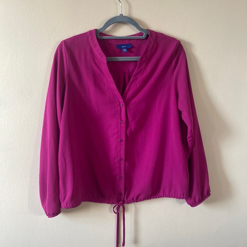 Pink, Purple Button down Apt 9 Blouse Long Sleeve V neck Medium Business Casual
